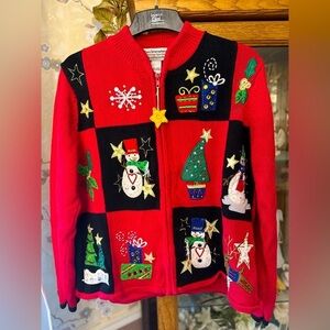 CHRISTMAS Sweater Tiara Inter. Size XL Blingy Beaded Snowmen Long Sleeve Zip Up